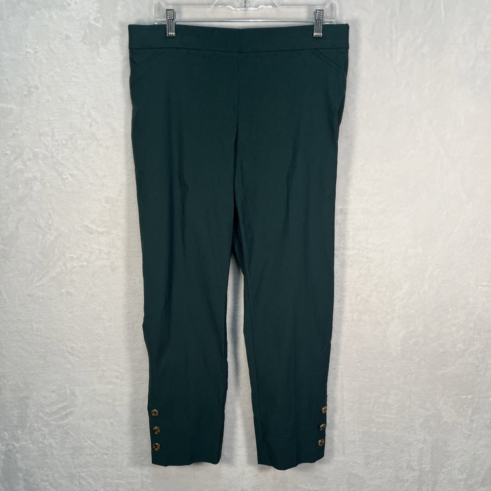 Roz & Ali Pull On Ankle Pants Womens 12 Green Stretch Gold Button Detail Holiday